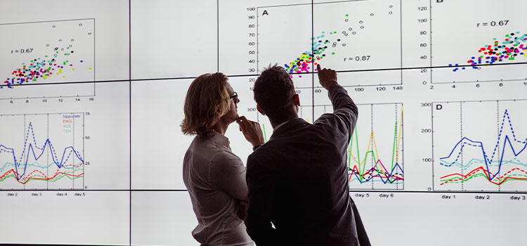 two coworkers discuss business charts on a wall