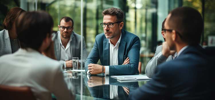business adminsitrators meet in glassed modern office to discuss company policy